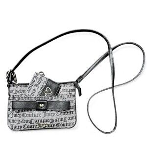 Juicy Couture Script Print Crossbody Bag w Bow and Wallet Set Black White EUC